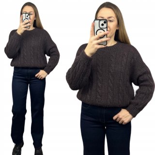 Sweter z warkoczami wełna moher czekoladowy luźny wełniany Made in Italy- WARKOCZENA