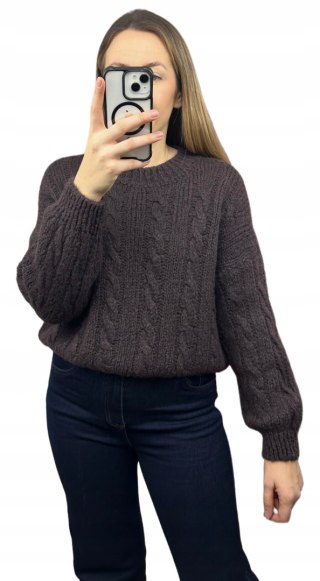 Sweter z warkoczami wełna moher czekoladowy luźny wełniany Made in Italy- WARKOCZENA