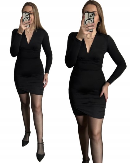 Czarna koktajlowa krótka dopasowana sukienka marszczenia dekolt V- VELLA V