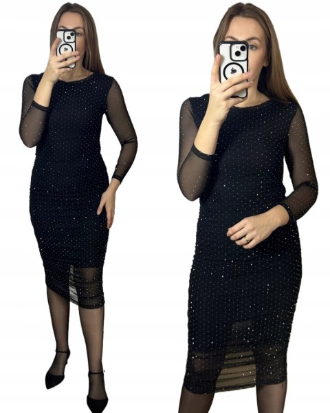 Czarna sukienka midi z siateczki ozdobionej diamencikami
