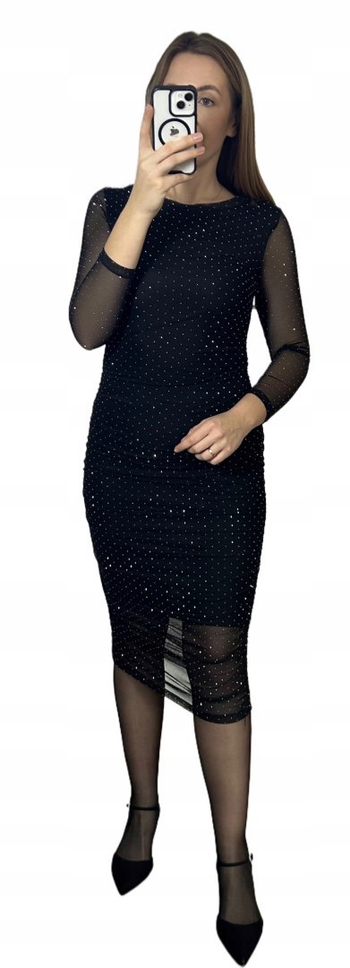 Czarna sukienka wieczorowa midi z błyszczącymi diamencikami