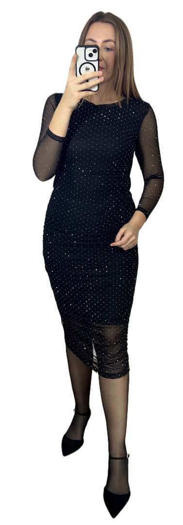 Czarna sukienka wieczorowa midi z błyszczącymi diamencikami