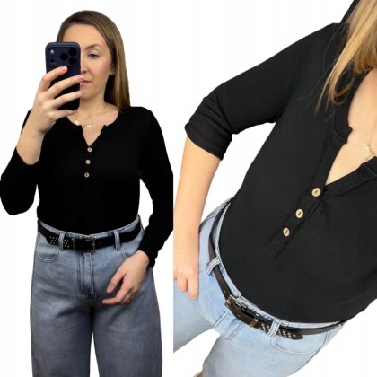 Klasyczna czarna bluzka damska prążkowana guziki bawełna Michelle- BASIC RIB