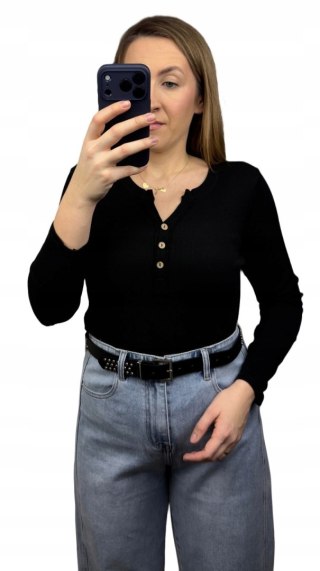 Klasyczna czarna bluzka damska prążkowana guziki bawełna Michelle- BASIC RIB