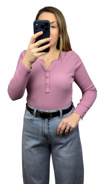 Klasyczna różowa bluzka damska prążkowana guziki bawełna Michelle- BASIC RIB