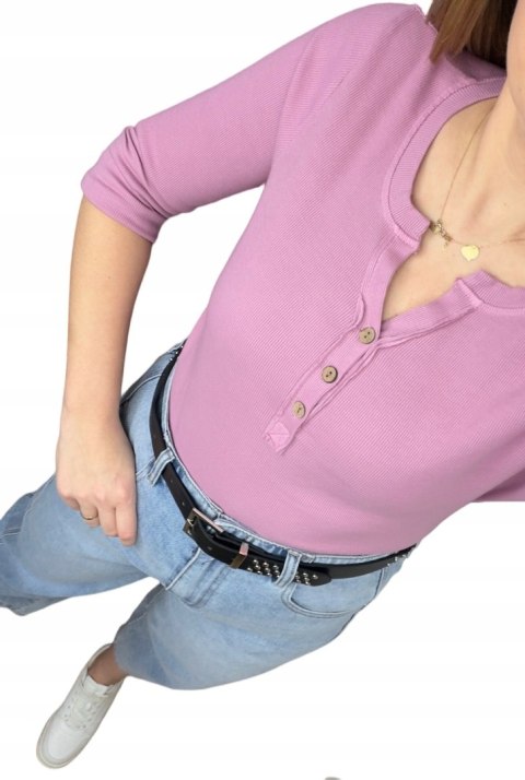 bluzka prążkowana  brudny róż dekolt guziki