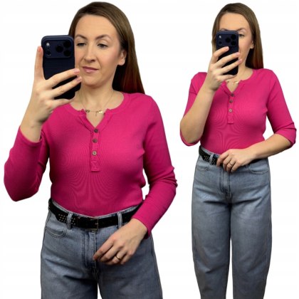 Klasyczna różowa fuksja bluzka damska prążkowana guziki bawełna Michelle- BASIC RIB