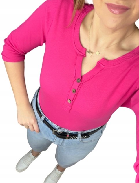 bluzka prążkowana fuksja dekolt guziki