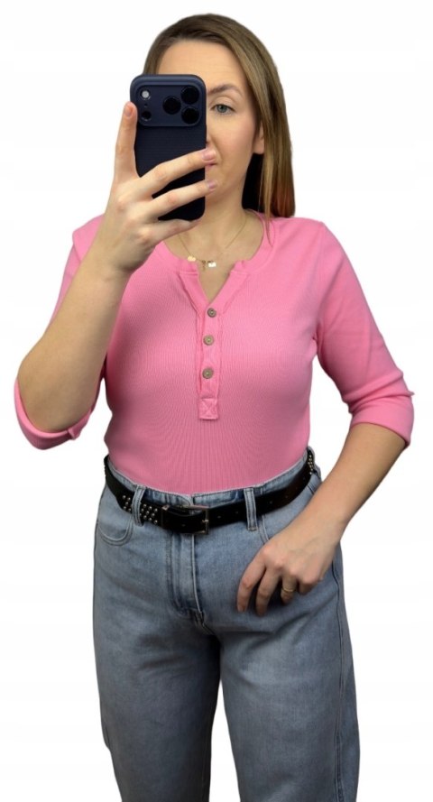 bluzka różowa prążkowana dekolt guziki