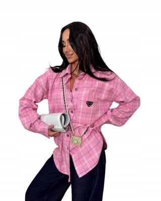 Luźna koszula flanelowa wiskozowa w kratę różowa oversize La Milla