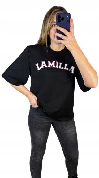 Oversizowy czarny t-shirt bawełniany LAMILLA poduszki na ramionach La Milla- SHAPE