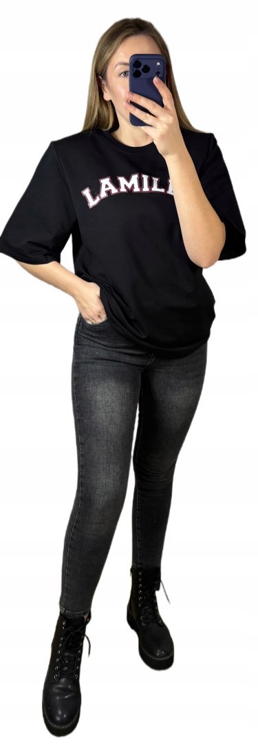 czarny t shirt bawełniany LAMILLA z nadrukiem oversize