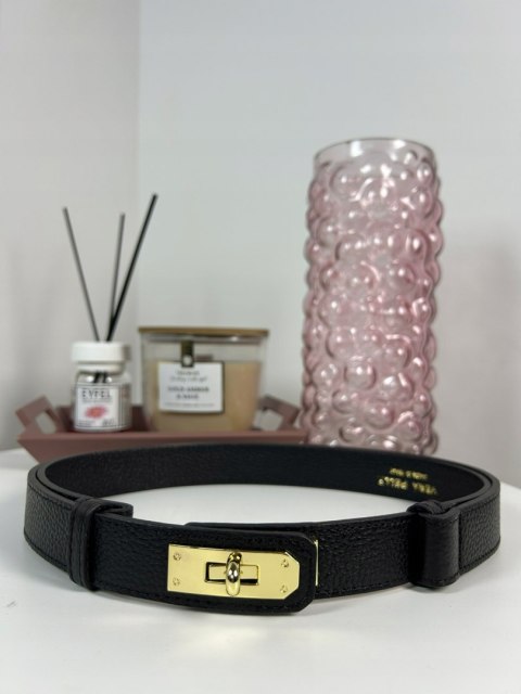 Elegancki pasek skórzany Vera Pelle czarny szeroki ze złotym zapięciem lock