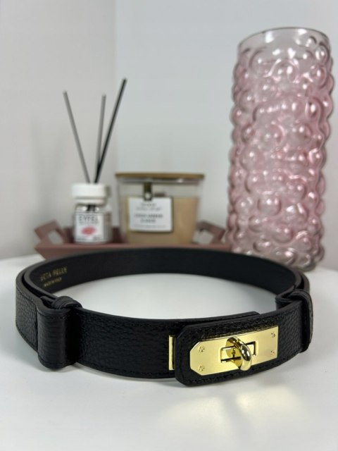 Skórzany pasek do sukienki Vera Pelle czarny z ozdobnym zapięciem