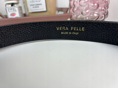 Szeroki czarny pasek skórzany Made in Italy z złotymi okuciami