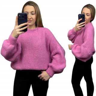 Sweter oversize różowy pastel bufiaste rękawy chmurka 12% kid moher wełna- CLOUDY