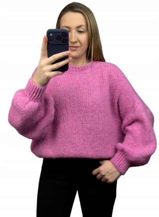 Sweter oversize różowy pastel bufiaste rękawy chmurka 12% kid moher wełna- CLOUDY