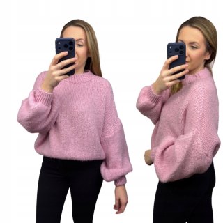 Sweter oversize różowy pastel bufiaste rękawy chmurka 12% kid moher wełna- CLOUDY