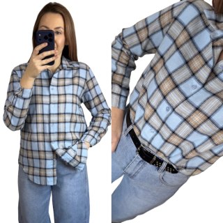 Bawełniana koszula flanelowa w kratę kratkę luźna błękitna bawełna 100%- FLANELLA