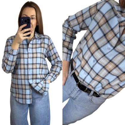 Bawełniana koszula flanelowa w kratę kratkę luźna błękitna bawełna 100%- FLANELLA