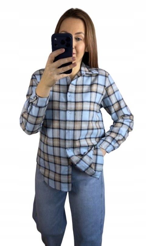 Bawełniana koszula flanelowa w kratę kratkę luźna błękitna bawełna 100%- FLANELLA