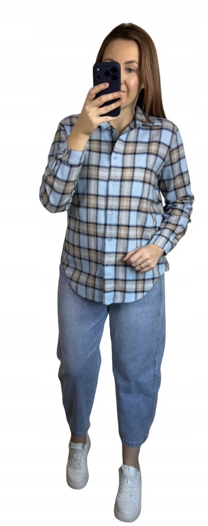 Bawełniana koszula flanelowa w kratę kratkę luźna błękitna bawełna 100%- FLANELLA