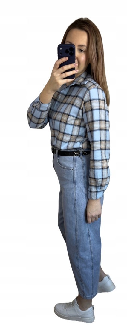 Bawełniana koszula flanelowa w kratę kratkę luźna błękitna bawełna 100%- FLANELLA