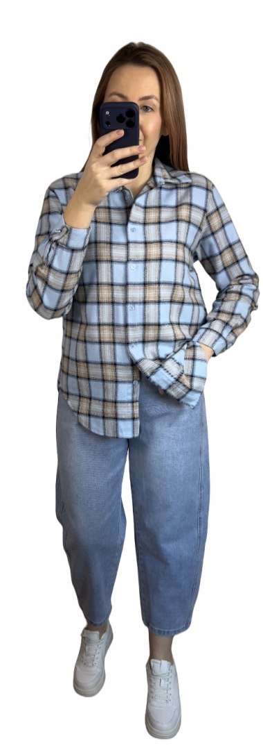 Bawełniana koszula flanelowa w kratę kratkę luźna błękitna bawełna 100%- FLANELLA