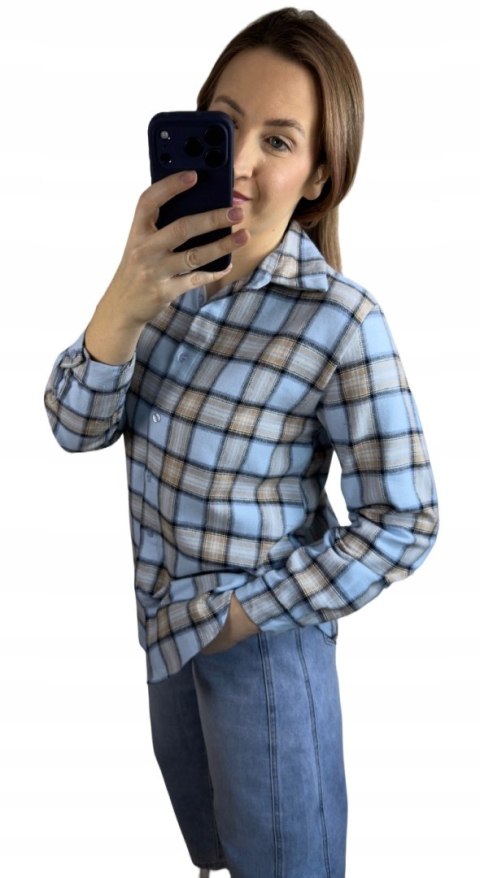 Bawełniana koszula flanelowa w kratę kratkę luźna błękitna bawełna 100%- FLANELLA