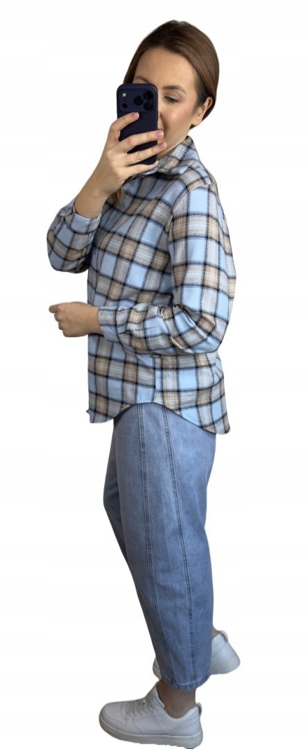 Bawełniana koszula flanelowa w kratę kratkę luźna błękitna bawełna 100%- FLANELLA