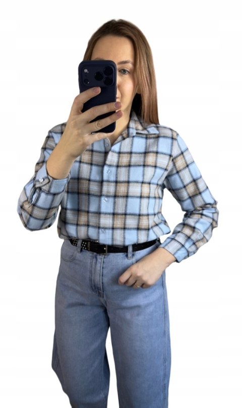 Bawełniana koszula flanelowa w kratę kratkę luźna błękitna bawełna 100%- FLANELLA