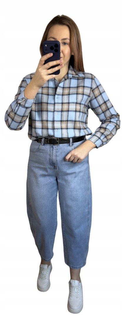 Bawełniana koszula flanelowa w kratę kratkę luźna błękitna bawełna 100%- FLANELLA