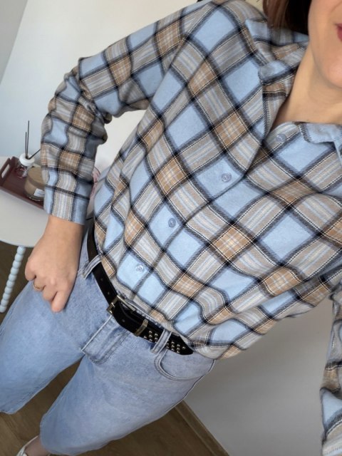 Bawełniana koszula flanelowa w kratę kratkę luźna błękitna bawełna 100%- FLANELLA