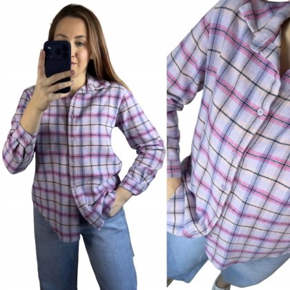 Bawełniana koszula flanelowa w kratę kratkę luźna liliowa bawełna 100%- FLANELLA