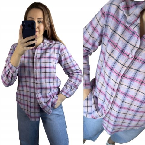 Bawełniana koszula flanelowa w kratę kratkę luźna liliowa bawełna 100%- FLANELLA