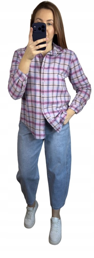 Bawełniana koszula flanelowa w kratę kratkę luźna liliowa bawełna 100%- FLANELLA