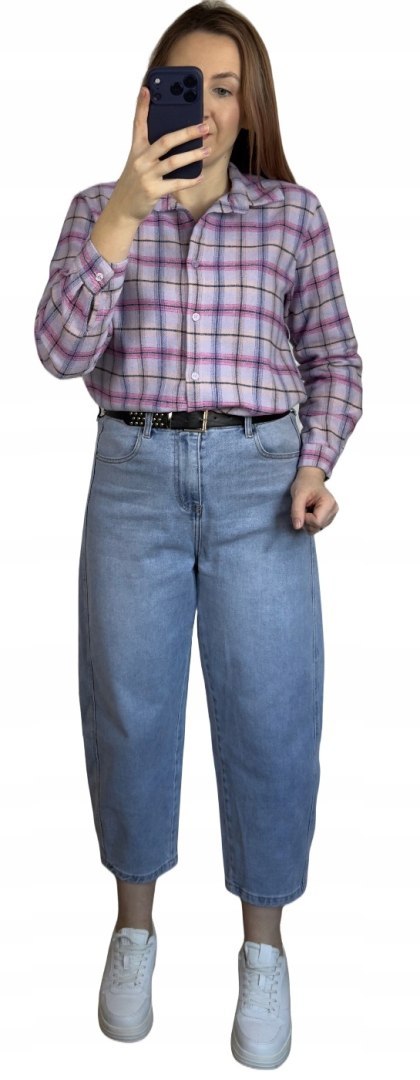 Bawełniana koszula flanelowa w kratę kratkę luźna liliowa bawełna 100%- FLANELLA