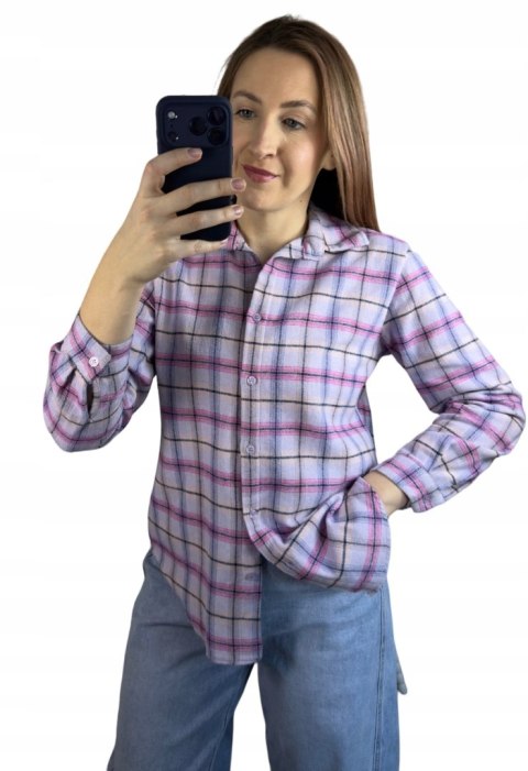 Bawełniana koszula flanelowa w kratę kratkę luźna liliowa bawełna 100%- FLANELLA