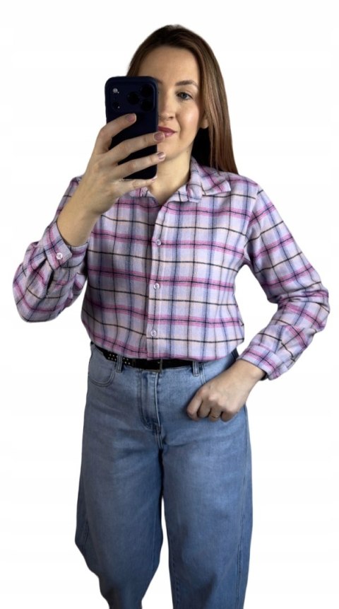 Bawełniana koszula flanelowa w kratę kratkę luźna liliowa bawełna 100%- FLANELLA