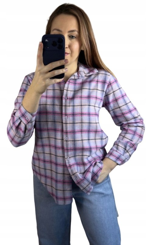 Bawełniana koszula flanelowa w kratę kratkę luźna liliowa bawełna 100%- FLANELLA