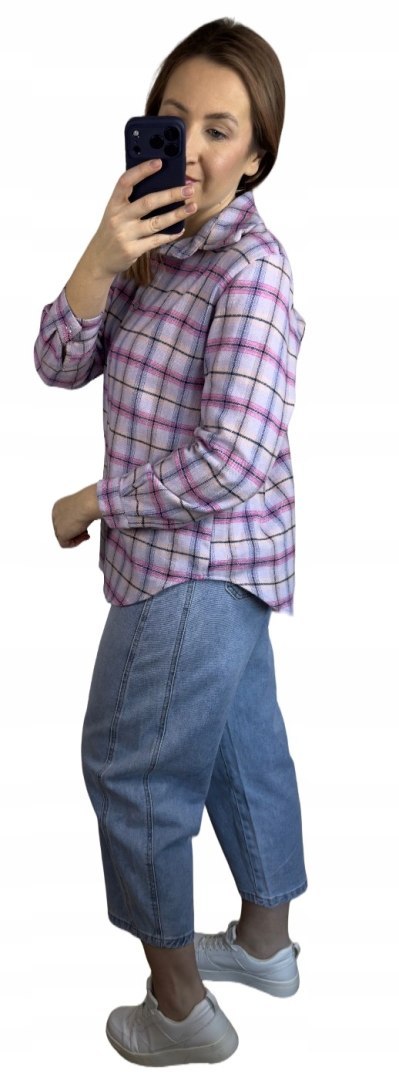 Bawełniana koszula flanelowa w kratę kratkę luźna liliowa bawełna 100%- FLANELLA