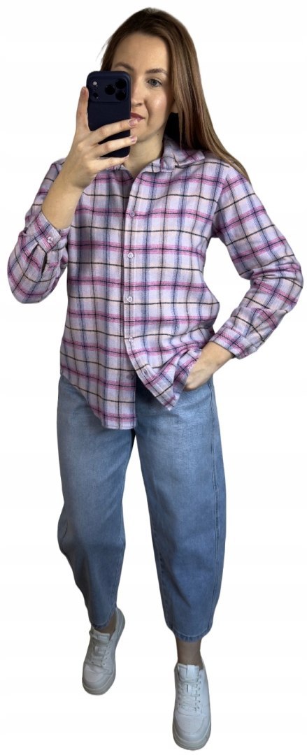 Bawełniana koszula flanelowa w kratę kratkę luźna liliowa bawełna 100%- FLANELLA