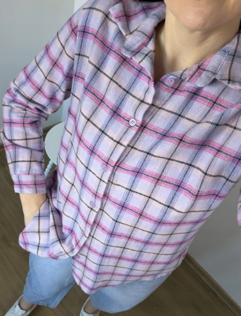 Bawełniana koszula flanelowa w kratę kratkę luźna liliowa bawełna 100%- FLANELLA