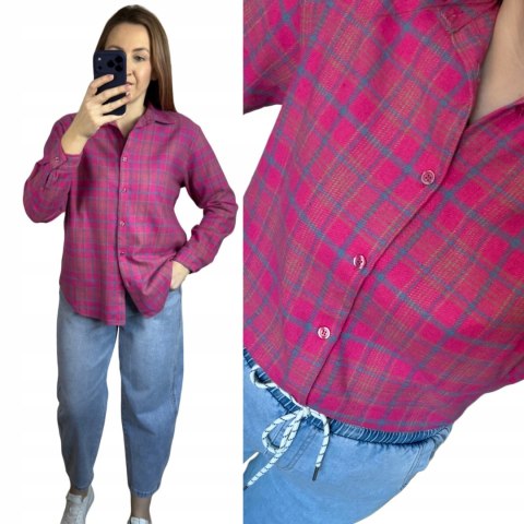 Bawełniana koszula flanelowa w kratę kratkę luźna różowa bawełna 100%- FLANELLA
