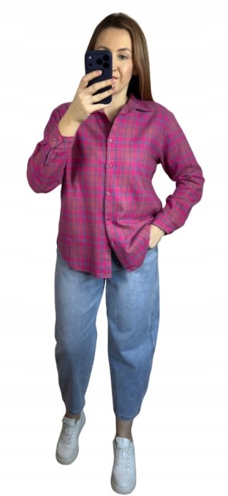 Bawełniana koszula flanelowa w kratę kratkę luźna różowa bawełna 100%- FLANELLA