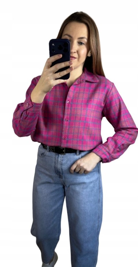 Bawełniana koszula flanelowa w kratę kratkę luźna różowa bawełna 100%- FLANELLA