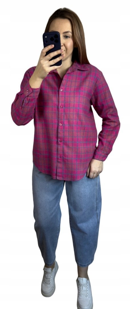 Bawełniana koszula flanelowa w kratę kratkę luźna różowa bawełna 100%- FLANELLA