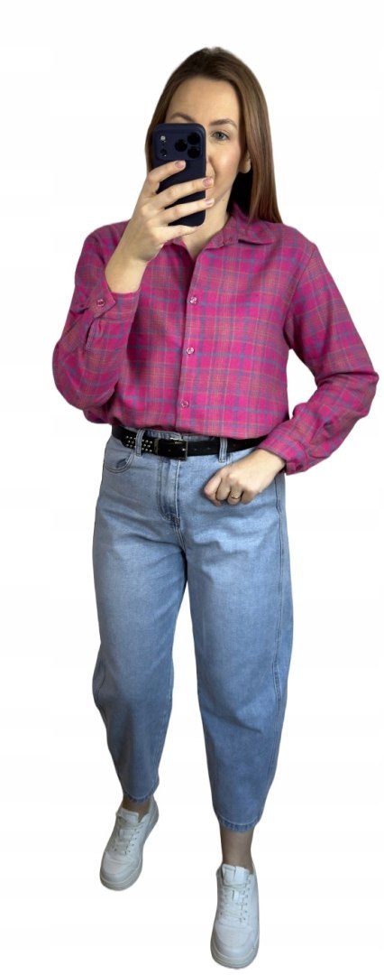 Bawełniana koszula flanelowa w kratę kratkę luźna różowa bawełna 100%- FLANELLA