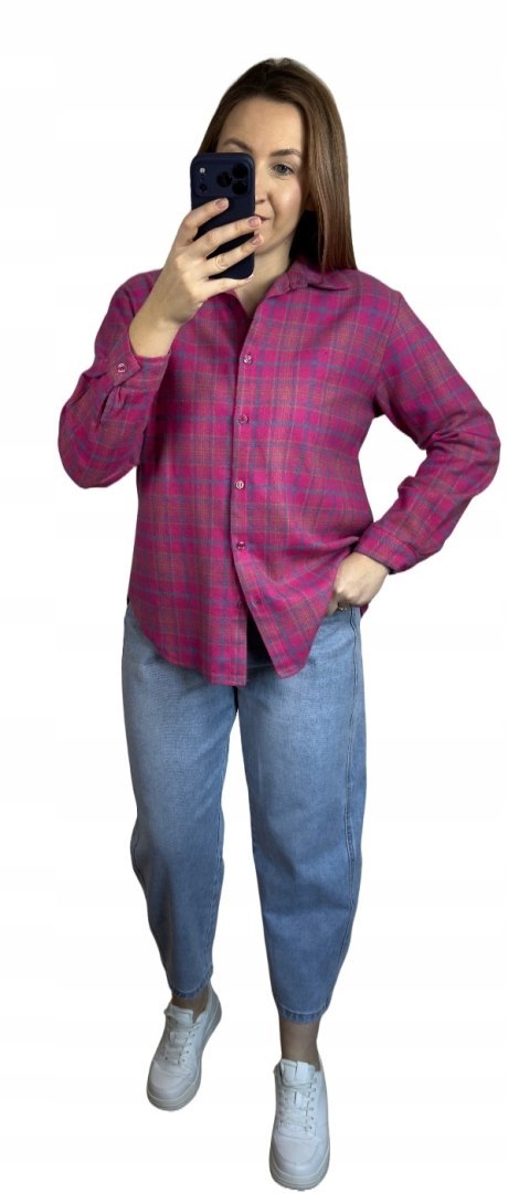 Bawełniana koszula flanelowa w kratę kratkę luźna różowa bawełna 100%- FLANELLA