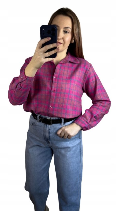 Bawełniana koszula flanelowa w kratę kratkę luźna różowa bawełna 100%- FLANELLA